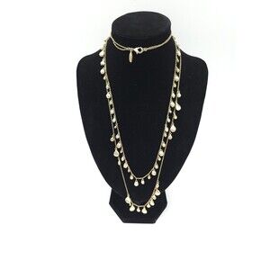 Ann Taylor Signed Long Two Strand Necklace Gold Tone With Hanging Rhinestones